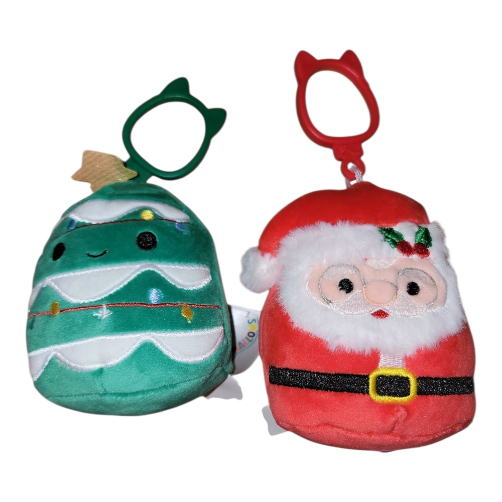 2 Clip On Squishmallows Johann The‎ Christmas Tree & Nick The Santa Green/Red
